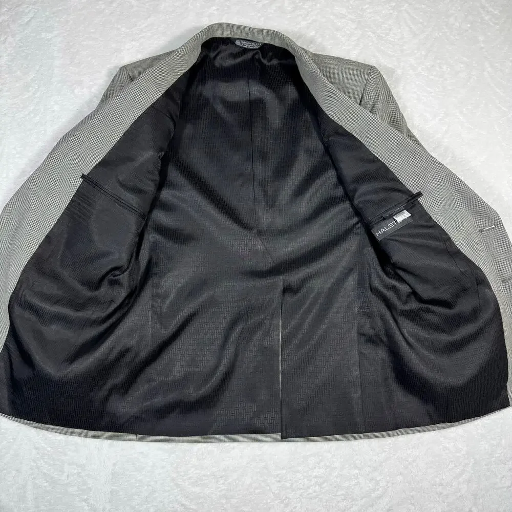 Halston‎ Pure Wool Men's 40R Blazer USA Made Sports Coat Black White 2 Button